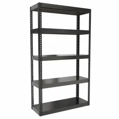 This extra-heavy-duty boltless shelving unit features solid steel decking and an open side panel for easy access. With a black powder-coated finish and angle beam profile, it supports up to 6,000 lb per post when beams are evenly spaced at 21 inches. Suitable for industrial storage of heavy parts, tools, and materials in warehouses, factories, and distribution centers.