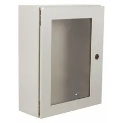 This steel enclosure measures 30 x 24 x 6 inches and is rated NEMA 12/13/3R/4 for protection against dust, falling dirt, rain, sleet, and hose-directed water. It features a solid cover with a window, hinged access, and a 1/4-turn latch closure. Knockouts are not included. Typical applications include housing electrical controls and instruments in industrial environments requiring washdown capabilities.