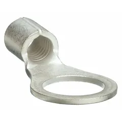 Non-insulated ring terminal for crimp termination, accepting 8 AWG wire. Features a 3/8 in stud size and bare copper construction for conductivity. Rated for 600 V. Used to create secure electrical connections on studs in control panels, motor connections, and power distribution systems.