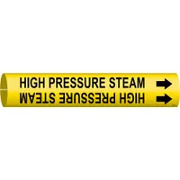 Snap-on pipe marker for identifying high-pressure steam lines in piping systems. Yellow background with black legend and directional arrows. Fits pipe outer diameter from 3/4 to 1-3/8 inches. Single marker included