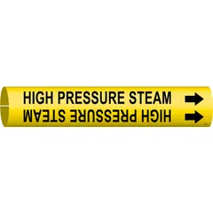 Snap-on pipe marker for identifying high-pressure steam lines in piping systems. Yellow background with black legend and directional arrows. Fits pipe outer diameter from 3/4 to 1-3/8 inches. Single marker included.