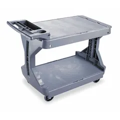 This utility cart features two gray flat shelves with a 400 lb capacity. It is equipped with two swivel casters with brakes for maneuverability and stability. Suitable for transporting tools, parts, and materials in industrial facilities, warehouses, and maintenance shops.