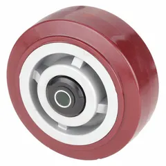 This caster is designed for use with drum trucks, providing mobility and support. It has an overall height of 5 inches and overall length of 5 inches, with dimensions of 5 inches high by 2 inches wide by 2 inches deep. The construction combines plastic, polyester, and steel materials.