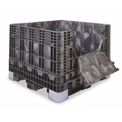 Rectangular collapsible bulk container with solid walls and two drop doors. Stationary design with 4-way fork entry and fork pockets on the long side. Stackable when assembled; collapses for space-saving storage. Lid not included. Suitable for material handling and bulk storage in industrial and warehouse environments.