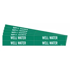 Green adhesive pipe markers with white 'Well Water' legend, designed for pipe outer diameters from 3/4 to 2-3/8 inches. Each pack contains 4 markers without directional arrows. Used to identify well water lines in industrial piping systems.