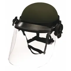 Polycarbonate riot face shield with pivot design. Clear lens. Weighs 1.55 lbs. ACH-compatible for helmet integration. Used by law enforcement and security personnel for impact-resistant facial protection during riot control and tactical operations.