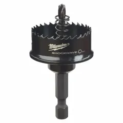 Bi-metal hole saw with attached arbor, 1-1/4 in diameter, 8 teeth per inch, and 1/8 in maximum cutting depth. Suitable for cutting holes in wood, metal, and plastic in maintenance, construction, and fabrication tasks.
