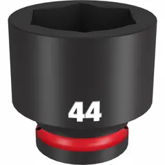 This 3/4" drive impact socket is designed for heavy-duty fastening applications with impact tools. It features a 44 mm metric size and 6-point configuration for a secure grip on hex fasteners. The black phosphate finish provides corrosion resistance. Suitable for use in industrial maintenance, construction, and automotive repair.