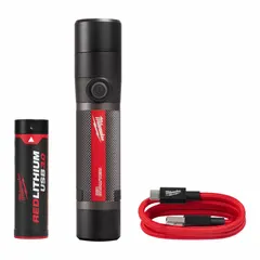 This rechargeable flashlight delivers 800 lumens with a 2.5-hour run time at maximum brightness. It includes a USB cord charger and one C battery. The black body is suited for tasks such as inspections, repairs, and outdoor work requiring portable illumination.