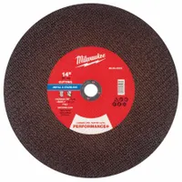 This MILWAUKEE cut-off wheel is a Type 1 general purpose wheel for cutting carbon and stainless steel. It measures 14 inches in diameter, 7/64 inches thick, with a 1-inch arbor hole, and features 30 grit aluminum oxide. Commonly used in metal fabrication, maintenance, and repair tasks