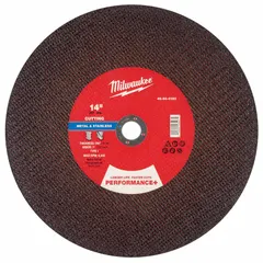 This MILWAUKEE cut-off wheel is a Type 1 general purpose wheel for cutting carbon and stainless steel. It measures 14 inches in diameter, 7/64 inches thick, with a 1-inch arbor hole, and features 30 grit aluminum oxide. Commonly used in metal fabrication, maintenance, and repair tasks.
