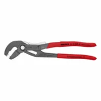 Push-button adjustable pliers with curved serrated jaws for gripping, turning, and clamping nuts, pipes, and fittings. Overall length 10 in, maximum jaw opening 2 3/4 in. Suitable for industrial maintenance, plumbing, and mechanical work