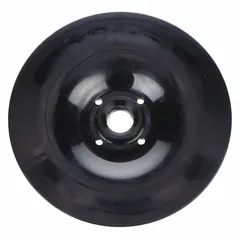 Round plastic backing pad designed for 5 in disc sanders. Features a threaded shank for secure attachment. Provides rigid support for sanding discs during surface preparation and finishing on wood, metal, or composite materials.