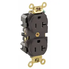 Duplex general-purpose receptacle rated 125V AC and 20A with NEMA 5-20R configuration. Brown thermoplastic body with 2-pole/3-wire grounding for flush mounting in standard wall boxes. Suitable for powering equipment and appliances requiring a 20A, 125V connection in commercial and industrial environments.