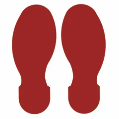 This footprint-shaped floor marking tape is made of 8 mil thick polyester with a solid red color and no legend. Each piece measures 3 1/2 inches by 10 inches, supplied in a 10-pack. It is used to mark designated standing or walking areas, safety zones, or pedestrian paths in industrial environments.