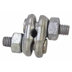 Steel wire rope fist clip with double-saddle design for terminating wire rope in rigging and lifting applications. Compatible with 3/8 in rope diameter and features a 5 1/4 in rope turnback length.
