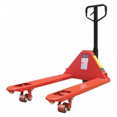 This general purpose pallet jack is designed for lifting and moving palletized loads in warehouses, distribution centers, and industrial facilities. It features a 48 in long by 27 in wide fork dimension with a 14 in width between forks, and standard steel fixed forks.