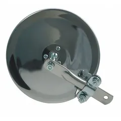 Round convex mirror for driver or passenger side vehicle use. Provides wide-angle view to reduce blind spots. Suitable for trucks, buses, and industrial vehicles.