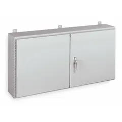 This WIEGMANN steel enclosure measures 42 x 60 x 12 inches and is rated NEMA 12 for dust-tight protection. It features a solid hinged cover secured by screws and does not include knockouts. Typical applications include housing electrical controls, instruments, and components in industrial environments where protection from dust, dirt, and non-corrosive liquids is required.