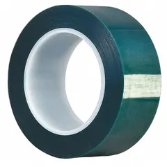 This polyester film tape with silicone adhesive is designed for high-temperature masking applications such as powder coating, paint baking, and wave soldering. It withstands temperatures up to 425°F and removes cleanly without residue. The tape is 1 inch wide, 72 yards long, and 3.2 mil thick.