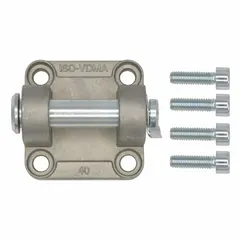 Aluminum clevis bracket for pneumatic actuators and cylinders. Fits 32 mm bore diameter. Overall length 45 mm. Provides a pivoting connection point between cylinder rod end and machine frame or mechanism.