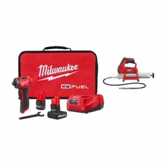 This 12 V DC cordless kit includes a die grinder and a grease gun, with battery included. The die grinder is suited for cutting, grinding, and surface preparation tasks. The grease gun provides high-pressure lubrication for bearings, joints, and machinery. Both tools operate on the Milwaukee 12 V battery platform.