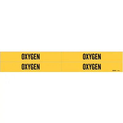 BRADY Pipe Marker: Oxygen, Yellow, Black, Fits 3/4 to 2 3/8 in Pipe O.D., 4 Pipe Markers - Oxygen Adhesive Pipe Markers