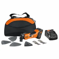 Cordless oscillating tool with 2° oscillation angle, powered by an 18V DC brushless motor. Includes a 4.0 Ah CORE18V® battery and nylon bag. Suitable for cutting, sanding, and scraping in confined spaces during renovation, plumbing, and electrical work.