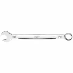This MILWAUKEE combination wrench features a 29 mm 12-point box end and open end, constructed from steel with a chrome finish for corrosion resistance. With a standard length of 15-3/8 inches, it is suited for tightening or loosening fasteners in mechanical assembly and maintenance tasks.