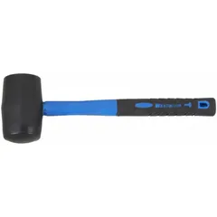 This plastic mallet features a steel handle and a round blue/black head with a 1 3/4 in diameter, 3 1/8 in head length, and 8 oz head weight. Overall length is 12 in. The non-marring head is suited for general striking tasks such as assembling delicate parts, seating bearings, or forming sheet metal without damaging the workpiece surface.