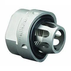 This steel press pipe fitting is a crimp adapter with FNPT connections, constructed from carbon steel and featuring FKM seals. It is used to join pipes of different sizes in industrial piping systems, providing a leak-tight transition between 2 1/2 in and 3/4 in pipe.