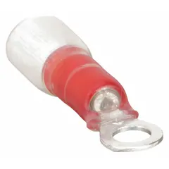 Nylon-insulated ring terminal for #10 studs, rated 600 V. Accepts 22 AWG to 18 AWG wire. Used to terminate wires in electrical panels, machinery, and automotive circuits requiring a secure, insulated connection.