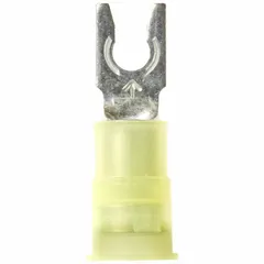 Nylon insulated fork terminal with locking fork design for #6 studs. Accepts 12 to 10 AWG wire. Rated 600 V. Insulation grip barrel style. Used for terminating wires in electrical panels, control cabinets, and industrial machinery where vibration resistance is needed.