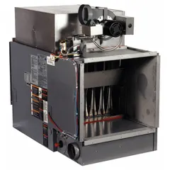 This gas-fired duct furnace provides 300,000 BtuH heating capacity input. Constructed with 409 stainless steel, it features a bottom configuration and a 3/4 in male NPT connection. Used for industrial heating applications requiring a duct furnace.