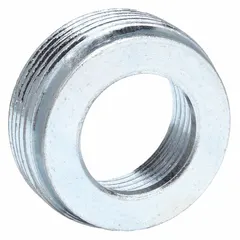 Zinc-plated steel reducing bushing for transitioning from a 1-inch threaded opening to a 1/2-inch conduit or fitting. Used in electrical conduit systems to adapt knockouts or hubs in junction boxes and enclosures.