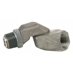 Swivel connector with 3/4 in NPT inlet and discharge, available in male or female gender options. Aluminum body is chemically compatible with diesel. Used in fuel-handling systems to prevent hose twisting and kinking.