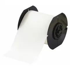 Paper label roll with inkjet print-receptive and water-dissolvable properties. White color, 4 inches wide by 100 feet long. Compatible with BBP37 printer series. Used for temporary labeling where removal by water exposure is required.