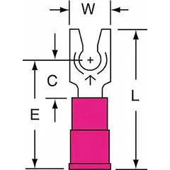 Red vinyl insulated locking fork terminal with brazed barrel. Rated 600V, for #6 stud size and 22-18 AWG wire. Locking fork design secures connection in high-vibration environments such as industrial control panels and machinery.