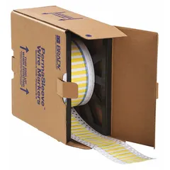 Polyolefin sleeve label roll with yellow matte finish. Precut size 3/16 in x 2 in, suitable for wire gauges 10 AWG to 20 AWG. Compatible with THT printer series for on-demand wire identification and marking in industrial panel building, electrical maintenance, and cable labeling applications.
