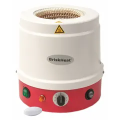 This metal-housed heating mantle with built-in magnetic stirrer is designed for use with 500 mL bottom flasks. It features a plastic mantle material, a maximum temperature of 450°C, and a maximum wattage of 220 W. A controller is included and required for operation. Suitable for controlled heating and stirring in laboratory applications such as chemical synthesis, distillation, and reflux.