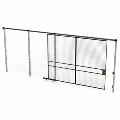 This woven-wire slide door is a component of a quick-assemble partition system. It measures 8 ft high by 10 ft wide with a 1 3/4 in depth, constructed from powder-coated steel in black. Designed to provide secure access points in industrial storage areas, it integrates with partition systems to enclose racking or shelving while allowing personnel and equipment to pass through.