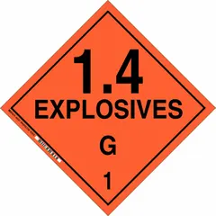 DOT placard for marking containers holding Class 1 explosives, Division 1.4, compatibility group G. Measures 10 3/4 in x 10 3/4 in with a 10 3/4 in label height. Displays message '1.4 Explosives G 1'. Used for hazardous materials transport and storage compliance.