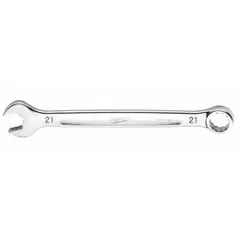 Metric combination wrench with 12-point box end and open end, sized 21 mm. Chrome vanadium steel construction with chrome finish. Overall length 10 5/8 in. Suitable for tightening and loosening metric fasteners in maintenance and repair tasks.