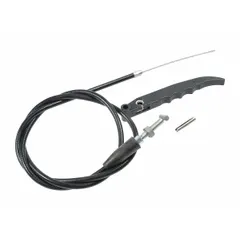This lowering lever and cable assembly is a release lever component for lift tables. It actuates the hydraulic release mechanism to enable controlled lowering of the table platform. Commonly used in material handling and industrial workstations with height-adjustable lift tables.