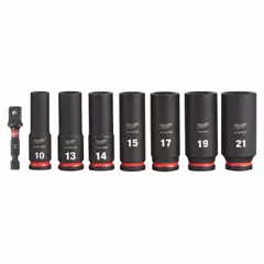 This metric impact socket set includes seven sockets in sizes 10, 13, 14, 15, 17, 19, and 21 mm with a 3/8 in drive. Designed for use with impact wrenches in fastening and loosening applications. Features a friction retention mechanism for secure socket attachment.