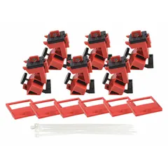 Clamp-on lockout device for circuit breakers rated 480/600V AC. Includes a cable tie slot for use with standard nylon cable ties. Supplied in a 6-pack for securing breakers in the off position during lockout/tagout procedures.