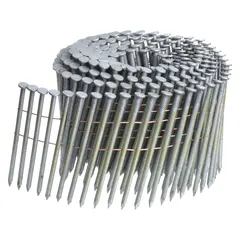 Galvanized steel wire nails with a flat head, smooth shank, and diamond point. 3 inches in length, collated for use with pneumatic framing nailers. Suitable for framing, sheathing, and decking applications.