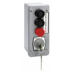 Outdoor push button control station with momentary contacts and Open-Close-Stop configuration. Designed for surface mount installation to operate gate operators or garage doors, allowing start, stop, and reverse functions.