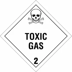 Class 2: Gases placard measuring 10 3/4 in x 10 3/4 in with a label height of 10 3/4 in. Displays 'Toxic Gas 2' message for marking containers, vehicles, or storage areas that hold toxic gases under DOT hazardous materials regulations.