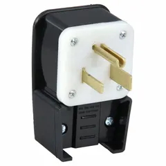 This straight blade plug is rated 50 A at 250V AC with a NEMA 6-50P configuration. It features a black nylon housing and is designed for high-power equipment such as welders, compressors, and large motors in industrial environments.